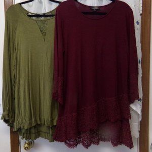 BUNDLE 2 SUZANNE BETRO TUNICS WINE LACE TRIM OLIVE GREEN 1X